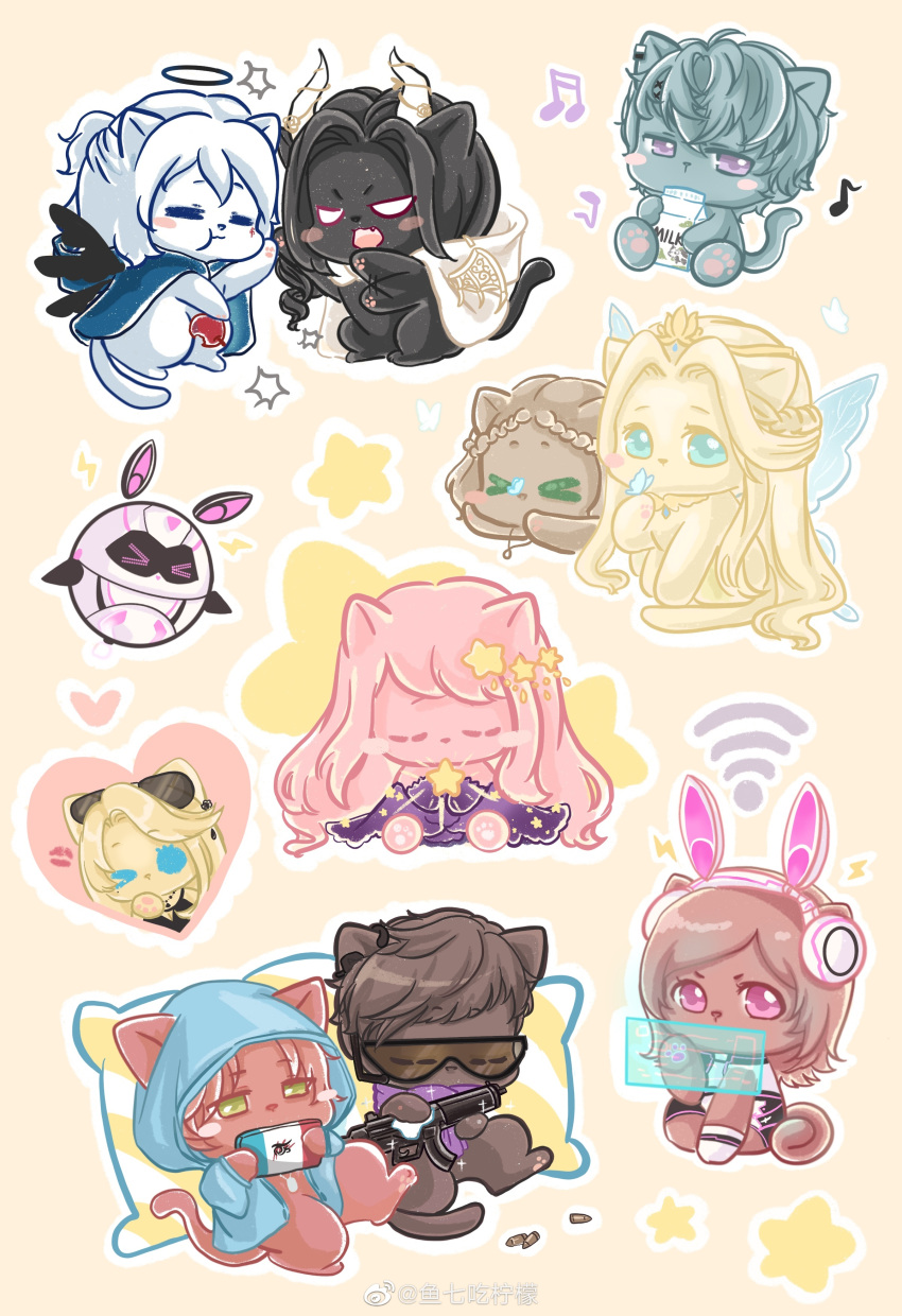 >_<, >_o, =_=, absurdres, angel_and_devil, angel_wings, animal, animal_ear_headphones