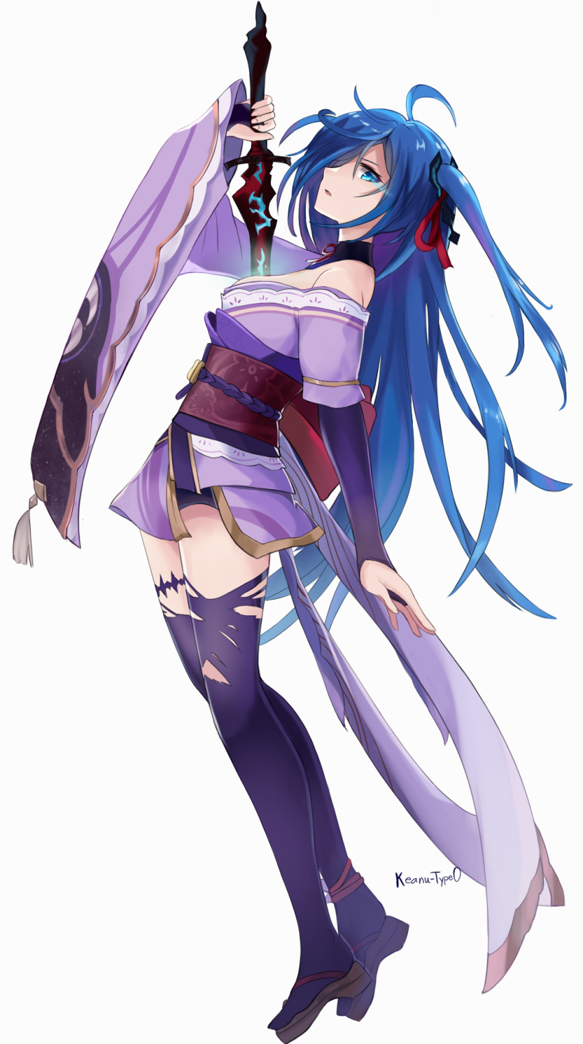 1girl, ahoge, arm_up, armor, artist_name, asymmetrical_sleeves, black_panties, blue_eyes, blue_hair, breasts, bridal_gauntlets, cosplay, crossover, detached_collar, english_commentary, eye_trail, floating, from_side, full_moon, genshin_impact, glowing, glowing_eye, gradient_hair, grey_background, hair_over_one_eye, hair_ribbon, highres, holding, holding_sword, holding_weapon, huge_ahoge, japanese_armor, japanese_clothes, keanu-type0, kimono, leaning_back, light_trail, long_hair, medium_breasts, moon, multicolored_hair, neck_ribbon, off_shoulder, open_mouth, panties, purple_kimono, purple_thighhighs, raiden_shogun, raiden_shogun_(cosplay), red_ribbon, red_sash, ribbon, sash, setsuna_(ta_ga_tame_no_alchemist), shade, short_twintails, simple_background, single_bare_shoulder, solo, sword, ta_ga_tame_no_alchemist, thigh-highs, thighs, torn_clothes, torn_thighhighs, twintails, underwear, uneven_sleeves, weapon, wide_sleeves