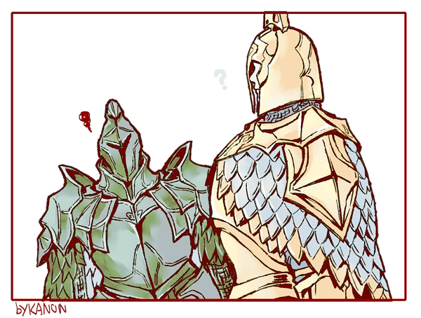 2boys, ?, armor, artist_name, border, breastplate, closed_mouth, commentary