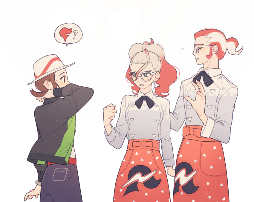 1boy, 2girls, apron, black_bow, black_bowtie, bow, bowtie, bracelet