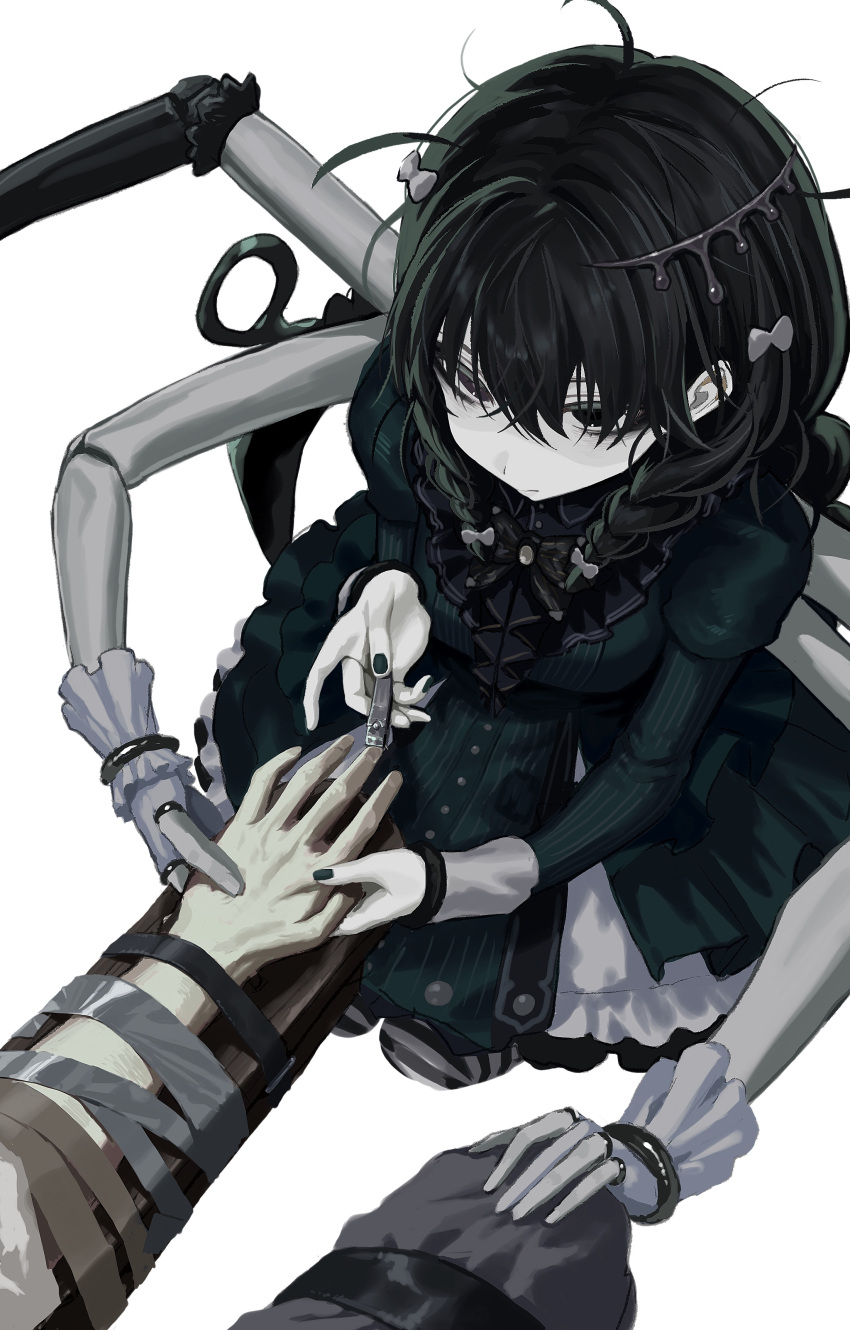 1girl, 1other, absurdres, ahoge, alternate_costume, applying_manicure, bags_under_eyes, black_eyes, black_hair, bow, bowtie, braid, breasts, clipping_fingernails, closed_mouth, collared_dress, doll_joints, dress, expressionless, extra_arms, fingerless_gloves, gloves, green_dress, green_nails, hair_between_eyes, hair_bow, hatsune_miku, highres, holding_hands, joints, juliet_sleeves, kneeling, long_hair, long_sleeves, messy_hair, nail_clippers, out_of_frame, pale_skin, prehensile_hair, puffy_sleeves, restrained, sidelocks, small_breasts, solo, twin_braids, very_long_hair, vocaloid, wawasuke, white_background, white_gloves