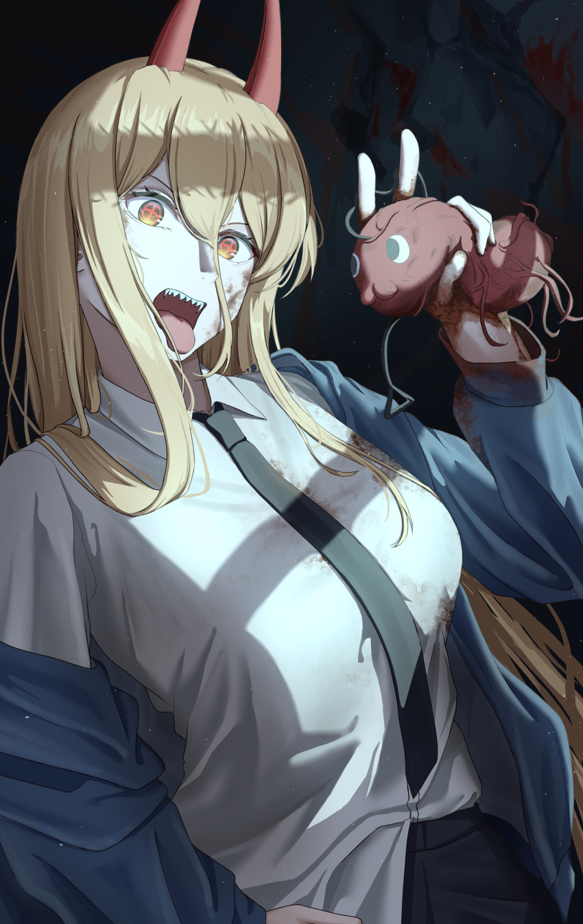 1girl, absurdres, akirondo, black_background, black_necktie, blonde_hair, blue_jacket, chainsaw_man