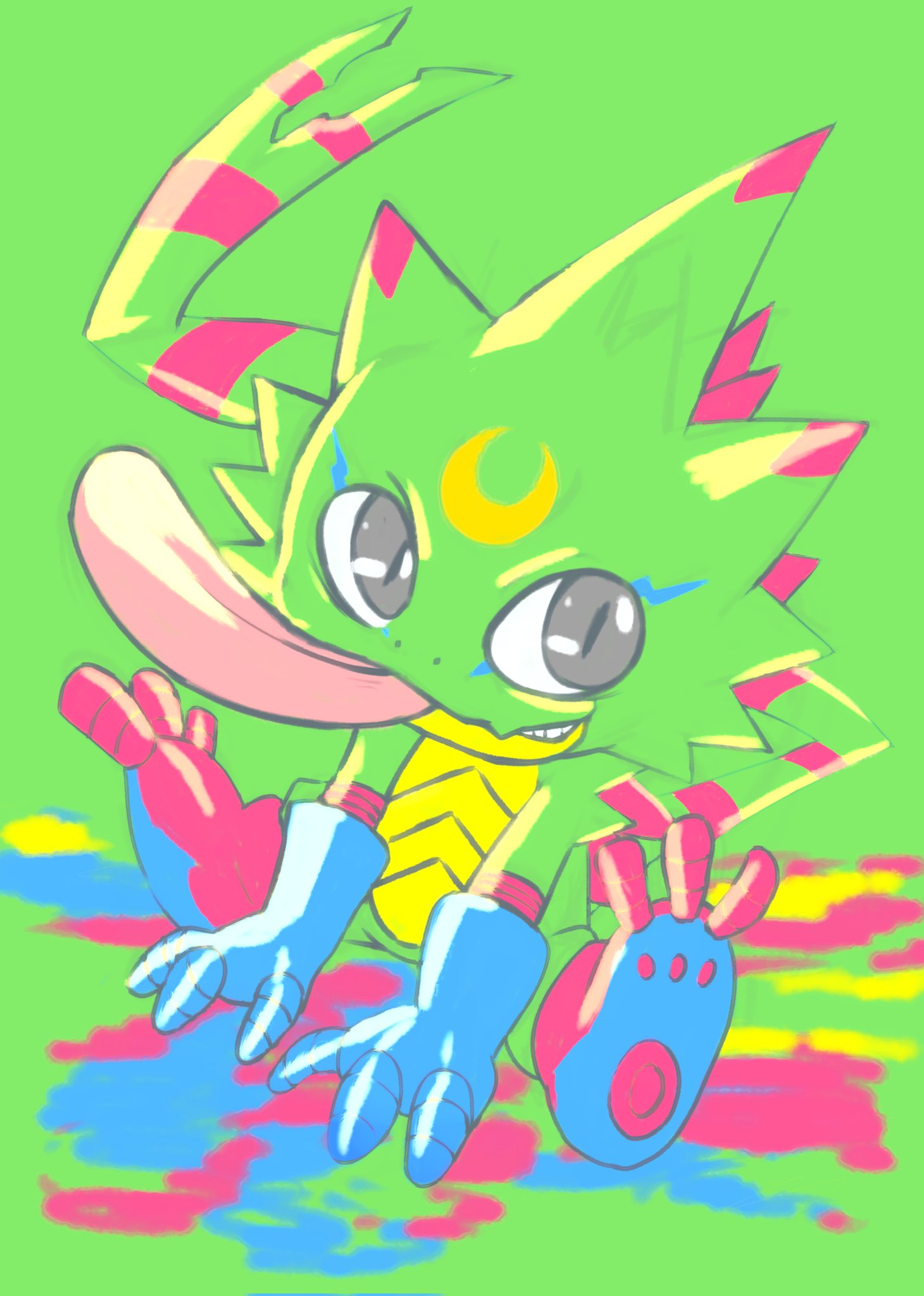 blue_gloves, digimon, digimon_(creature), gecko, gekkomon, gloves, green_background, grey_hair