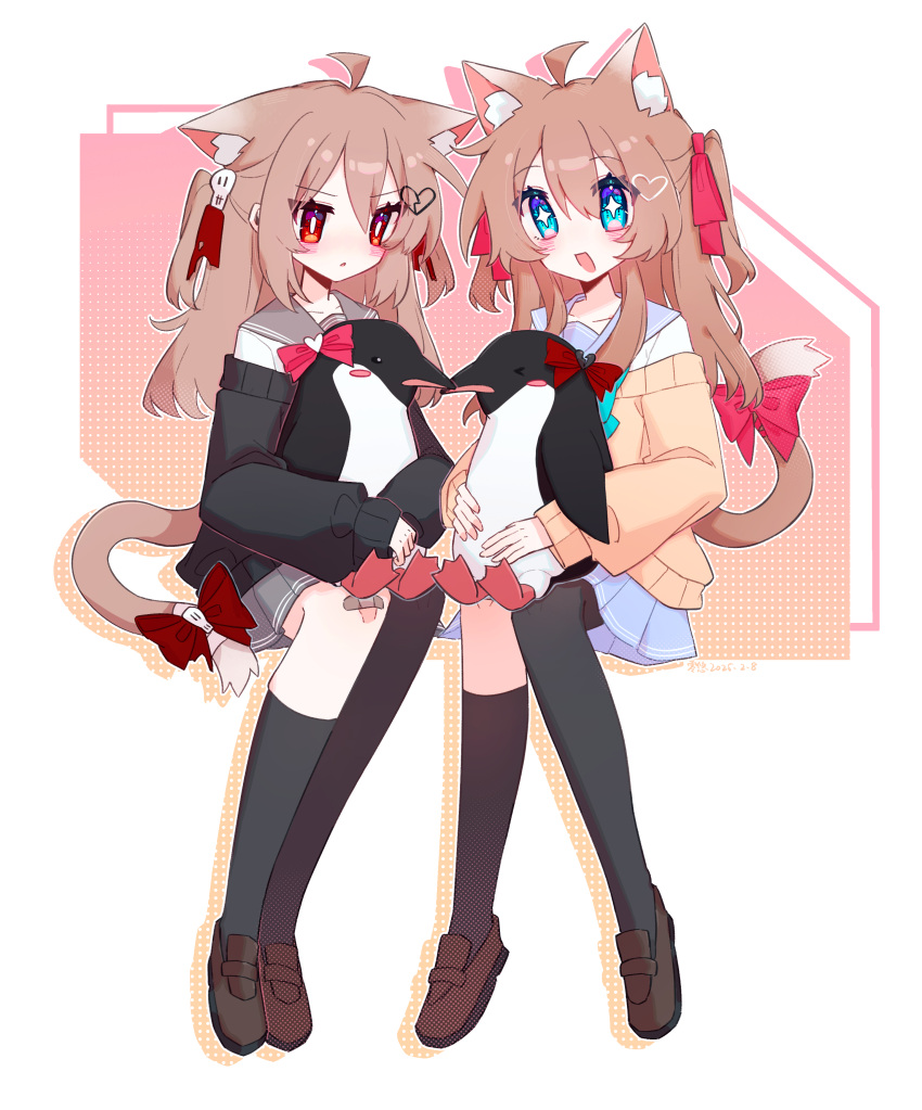 2girls, absurdres, ahoge, animal_ears, asymmetrical_legwear, bird, black_cardigan, black_socks