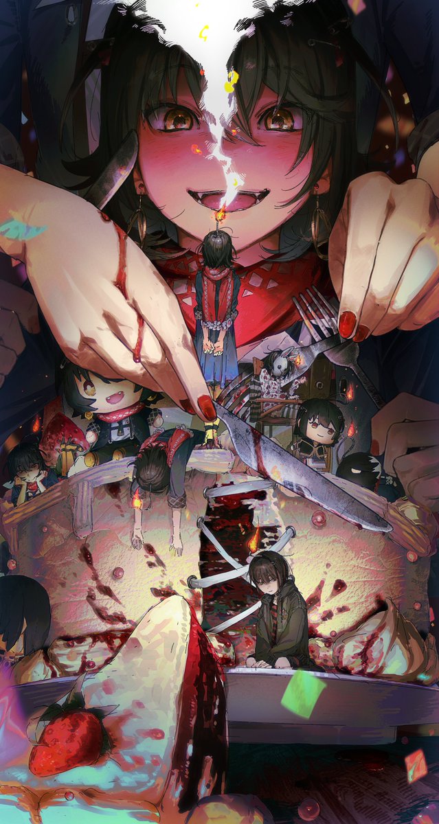 5boys, black_hair, black_jacket, blood, blood_on_hands, cake, character_doll, diandian_quan, doll, earrings, food, fork, fruit, giant, giant_male, highres, holding, holding_fork, holding_knife, hood, hooded_jacket, jacket, jewelry, knife, male_focus, mashiro_meme, mashiro_meme_(1st_costume), mashiro_meme_(2nd_costume), mashiro_meme_(3rd_costume), mini_person, miniboy, multiple_boys, nail_polish, nijisanji, official_alternate_costume, red_scarf, scarf, short_hair, smile, smoke, strawberry, virtual_youtuber, yellow_eyes