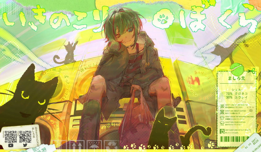 1boy, bag, black_cat, black_hair, black_jacket, cat, diandian_quan, highres, hood, hooded_jacket, jacket, looking_at_viewer, male_focus, mashiro_meme, mashiro_meme_(3rd_costume), multicolored_hair, nijisanji, official_alternate_costume, open_clothes, open_jacket, plastic_bag, qr_code, shirt, short_hair, sitting, solo, streaked_hair, striped_clothes, striped_shirt, twitter, virtual_youtuber, washing_machine, watermark, youtube