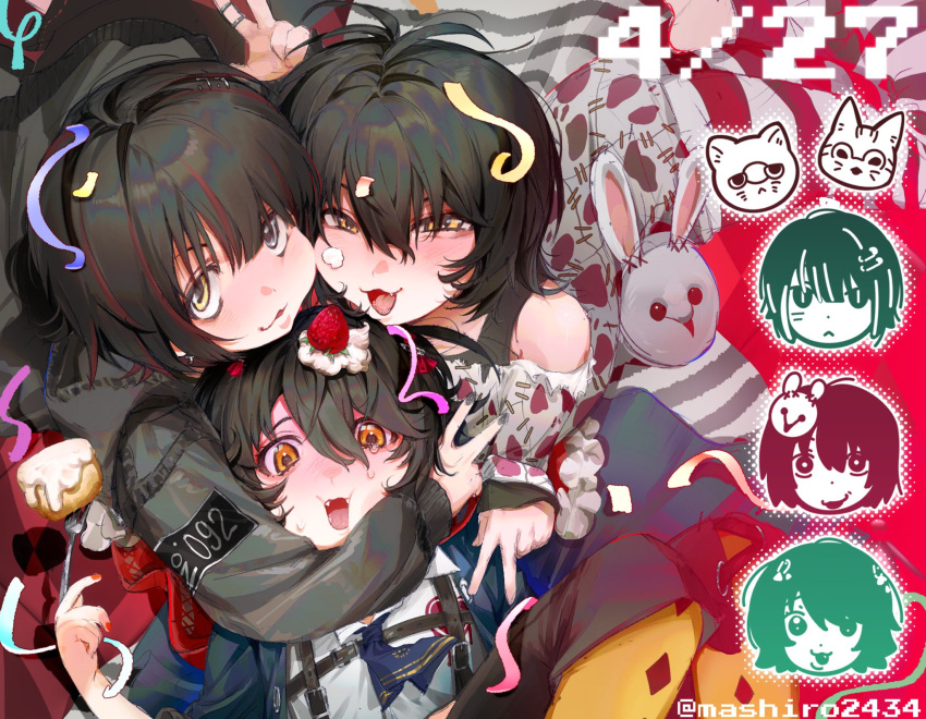 3boys, black_hair, black_jacket, black_tank_top, confetti, diandian_quan, fang, food, food_on_face, food_on_hair, fork, fruit, hair_between_eyes, highres, holding, holding_fork, hug, jacket, long_sleeves, looking_at_viewer, male_focus, mashiro_meme, mashiro_meme_(1st_costume), mashiro_meme_(2nd_costume), mashiro_meme_(3rd_costume), multicolored_hair, multiple_boys, multiple_persona, nijisanji, off-shoulder_shirt, off_shoulder, official_alternate_costume, red_scarf, scarf, shirt, short_hair, smile, strawberry, streaked_hair, tank_top, v, virtual_youtuber, whipped_cream, white_shirt, yellow_eyes