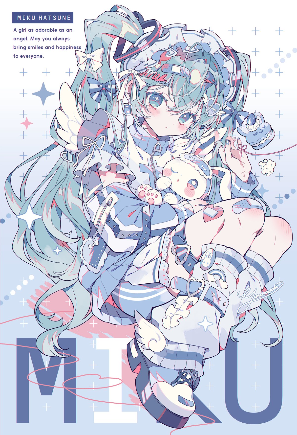 1girl, bandaid, bandaid_on_hair, bandaid_on_knee, bandaid_on_leg, blue_eyes, blue_hair, blush