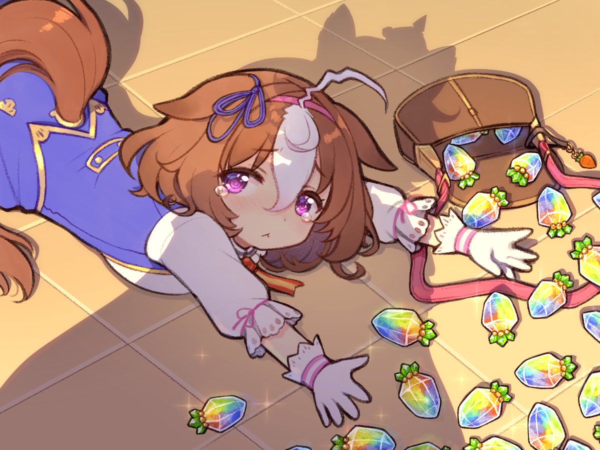 2girls, ahoge, animal_ears, bag, blue_dress, blush, breasts, brown_hair