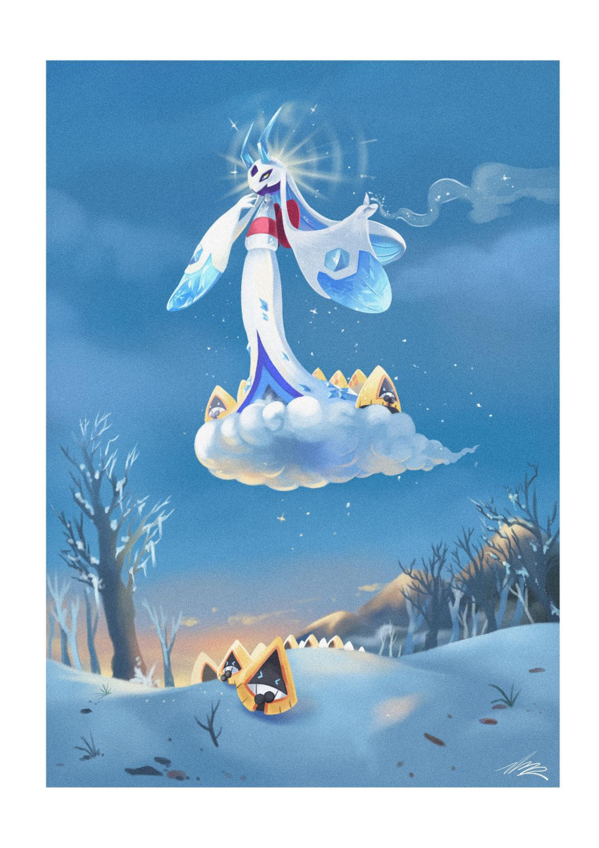 blawn_z, blue_eyes, blue_sclera, clouds, cold, colored_sclera, evolutionary_line, floating, froslass, highres, horns, ice, mega_froslass, mega_pokemon, no_humans, open_mouth, outdoors, pokemon, pokemon_(creature), pokemon_focus, pokemon_legends:_z-a, sky, smile, snorunt, snow, snowflakes, teeth, tree, yellow_sclera