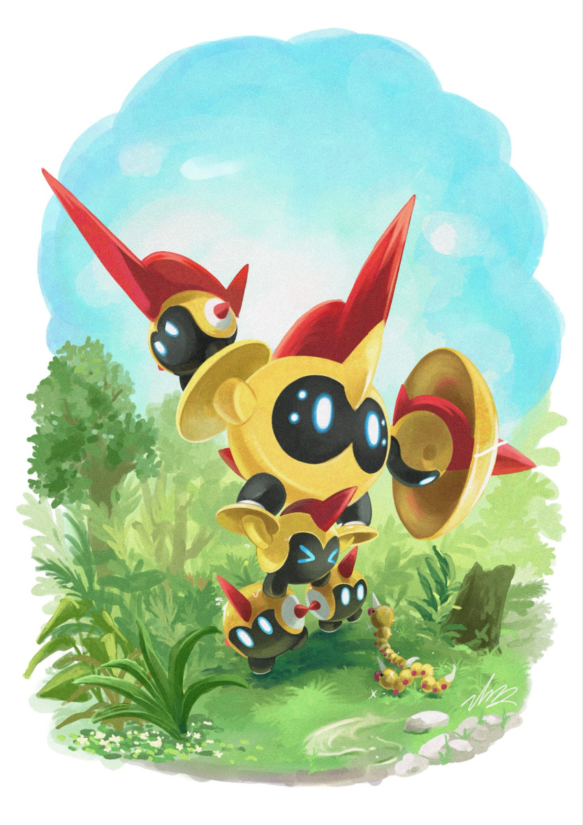 blawn_z, blue_sky, bug, caterpillar, falinks, grass, highres, holding