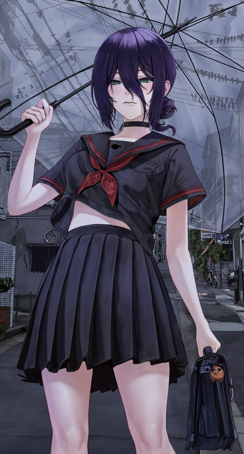 1girl, absurdres, bag_charm, black_choker, black_serafuku, black_shirt, black_skirt, building