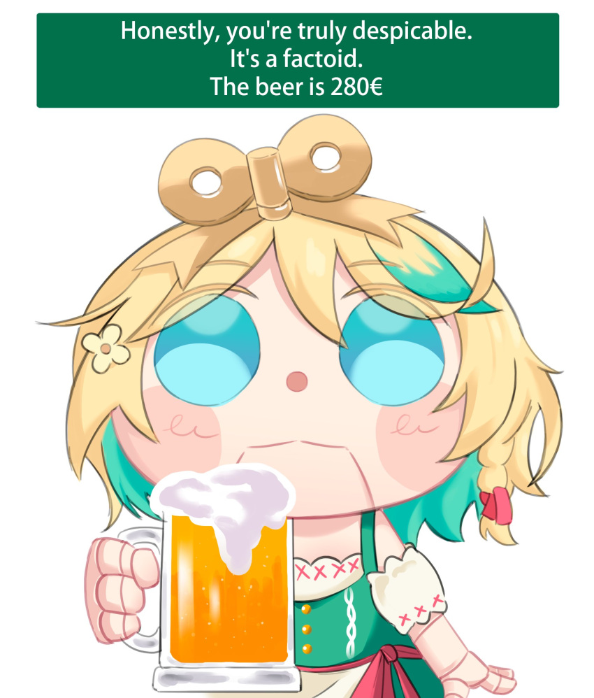 1girl, alcohol, arvarosart, barmaid, beer, beer_mug, blonde_hair, blue_eyes, blue_hair, cecilia_immergreen, colored_inner_hair, cup, doll_joints, dress, english_commentary, english_text, green_dress, highres, holding, holding_cup, hololive, hololive_english, joints, looking_at_viewer, mug, multicolored_hair, solo, virtual_youtuber, winding_key