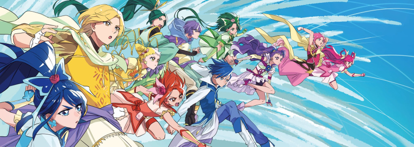 5boys, 6+girls, :o, akimoto_komachi, asymmetrical_bangs, baggy_pants, blonde_hair, blue_dress