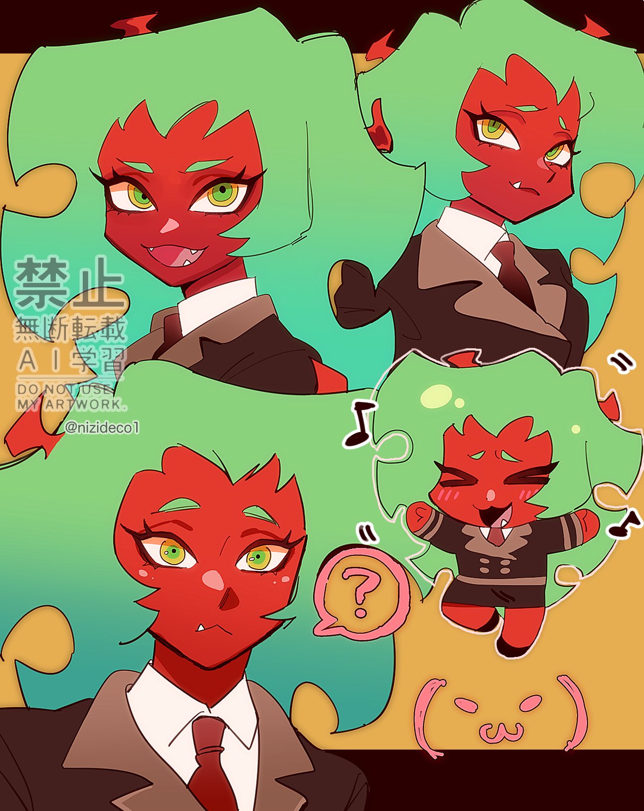 1girl, colored_skin, demon_girl, demon_horns, green_eyes, green_hair, gun, hashtag-only_commentary