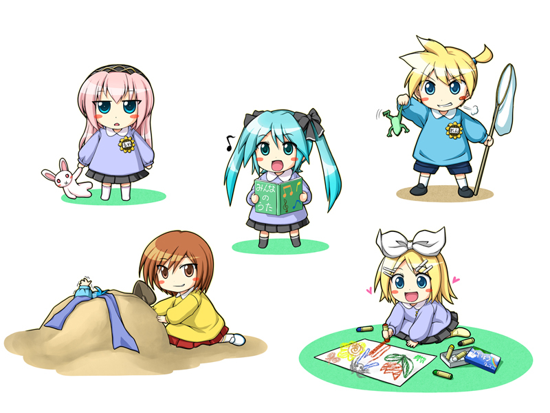 burying, butterfly_net, child, child_drawing, crayon, frog, hand_net, hatsune_miku