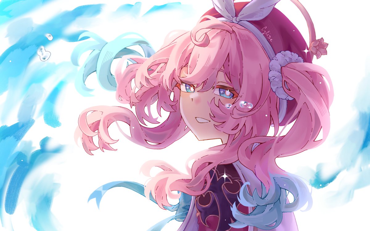 1girl, aqua_eyes, aqua_hair, bright_pupils, cytise, dress, floating_hair, from_side