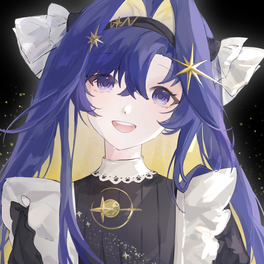 1girl, :d, absurdres, apron, black_background, black_dress, black_hairband, blonde_hair