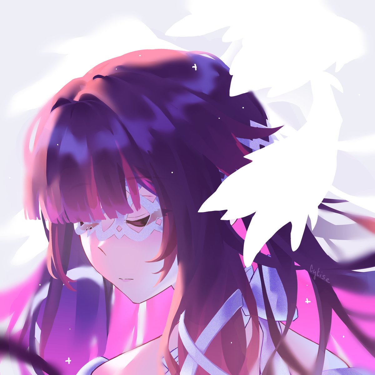 1girl, black_hair, blunt_bangs, closed_eyes, closed_mouth, colored_inner_hair, columbina_(genshin_impact), cytise