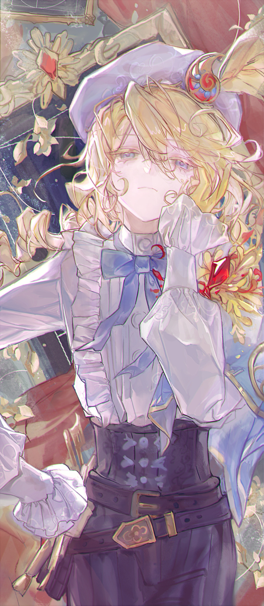 1boy, absurdres, androgynous, belt, beret, black_belt, black_corset, blonde_hair, blue_bow, blue_bowtie, blue_eyes, bow, bowtie, cloudtuan, colored_eyelashes, corset, drill_hair, drill_ponytail, edgar_valden, edgar_valden_(golden_ratio), floating_hair, frilled_shirt, frilled_sleeves, frills, frown, gem, hair_between_eyes, hand_in_own_hair, hand_on_own_hip, hat, hat_feather, head_tilt, highres, identity_v, looking_at_viewer, male_focus, multiple_belts, official_alternate_costume, puffy_shorts, puffy_sleeves, red_gemstone, shirt, shorts, solo, straight-on, striped_clothes, striped_shorts, trap, upper_body, white_hat, white_shirt