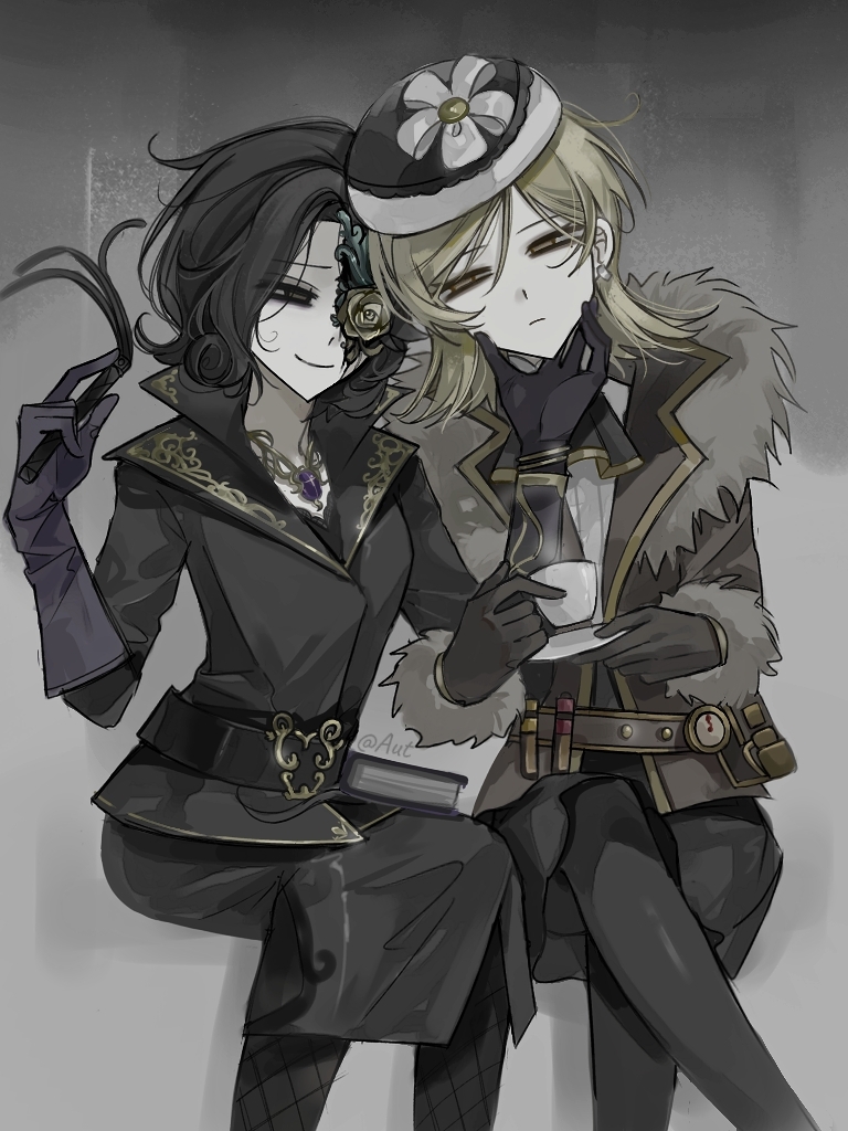 2girls, artist_request, ascot, belt, black_eyes, black_gloves, black_hair, black_pantyhose