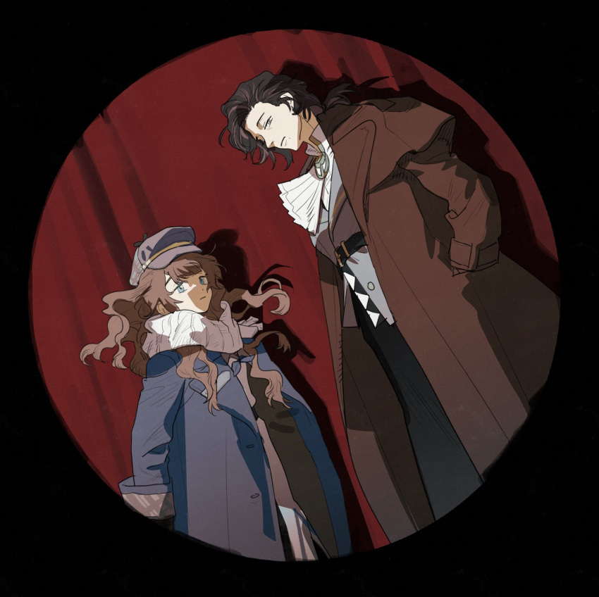 2girls, ascot, black_hair, black_skirt, blue_coat, blue_eyes, brown_coat, brown_hair