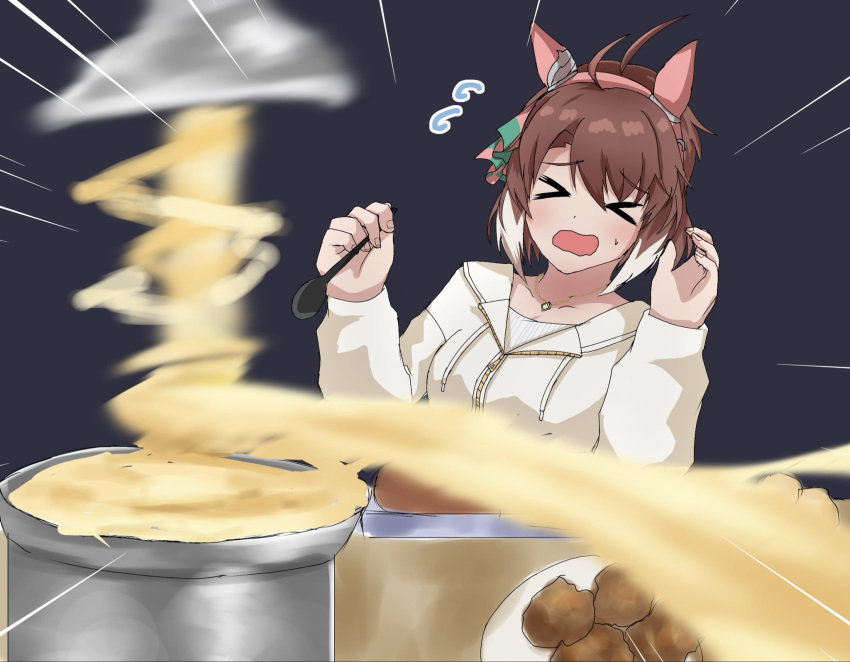 1girl, ahoge, animal_ears, blush, breasts, brown_eyes, brown_hair, checkered_ribbon