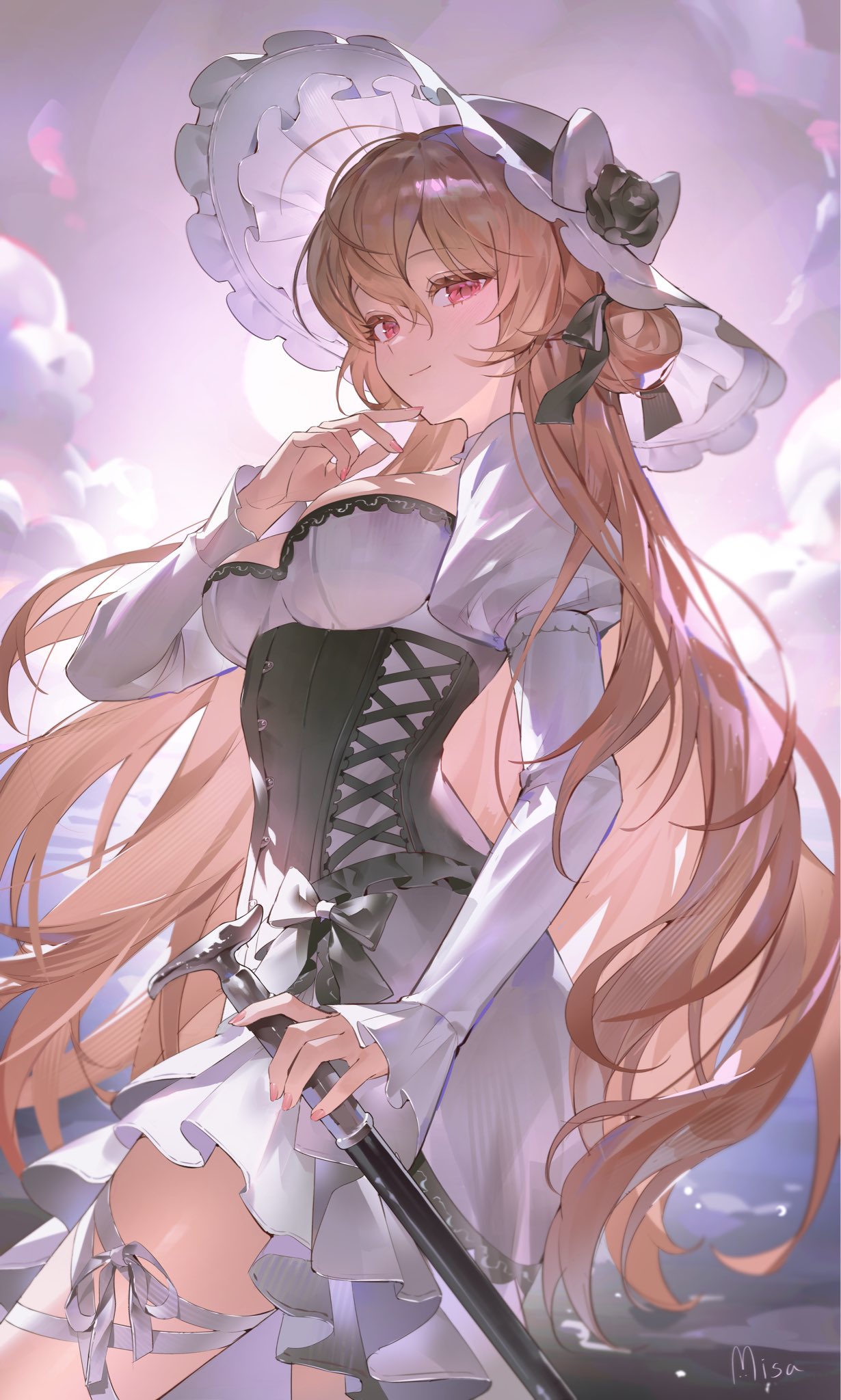 1girl, black_corset, bow, breasts, brown_hair, cane, corset, cowboy_shot