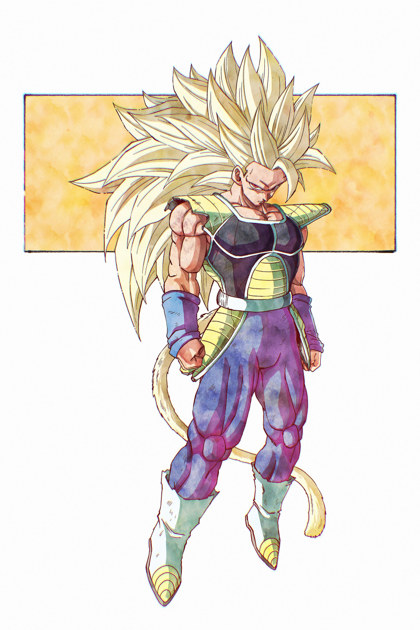 1boy, absurdres, alternate_form, armor, bardock, beatlo_(rodrigo38658978), blonde_hair, broken_armor, clenched_hand, crack, dragon_ball, dragon_ball_super, floating, full_body, highres, long_hair, looking_at_viewer, monkey_tail, muscular, muscular_male, no_eyebrows, red_eyes, saiyan, saiyan_armor, solo, super_saiyan, super_saiyan_3, tail, tight_clothes