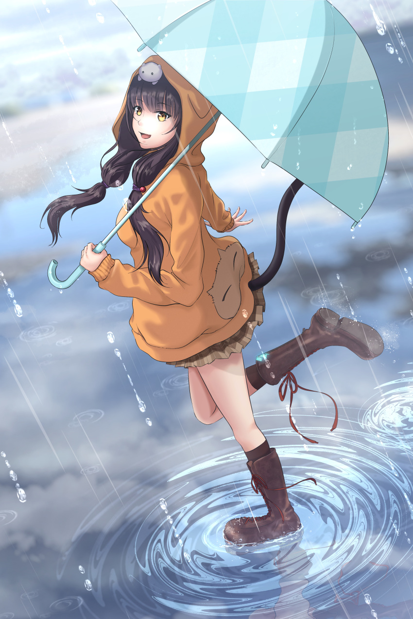 1girl, :d, absurdres, animal_ears, animal_hood, asakura_karen_(heaven_burns_red), black_hair, black_socks