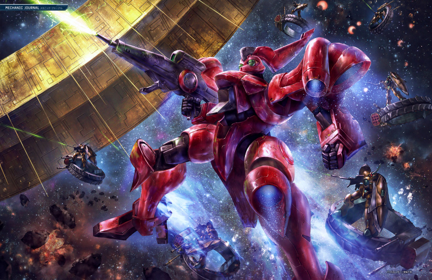 absurdres, angel_halo_(gundam), artist_request, asteroid, battle, beam_rifle, energy_beam, energy_gun