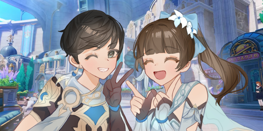 1boy, 1girl, absurdres, aether_(genshin_impact), aether_(genshin_impact)_(cosplay), animification, arm_armor, bare_shoulders, black_gloves, blue_trim, blush, breasts, brown_eyes, brown_hair, brown_shirt, building, cosplay, court_of_fontaine, day, dress, earrings, eloffe_(genshin_impact), feather_hair_ornament, feathers, flower, game_screenshot_background, genshin_impact, gesture_request, gloves, grin, hair_flower, hair_ornament, highres, in-universe_location, jewelry, kanako_(fuwachu), long_sleeves, lumine_(genshin_impact), lumine_(genshin_impact)_(cosplay), medium_hair, multicolored_flower, one_eye_closed, open_mouth, outdoors, partially_fingerless_gloves, ponytail, real_life, romper, sarah_miller-crews, scarf, screenshot_background, shirt, short_hair, siblings, signature, single_earring, small_breasts, smile, swept_bangs, twins, upper_body, v, voice_actor, voice_actor_connection, white_dress, white_flower, white_romper, white_scarf, zach_aguilar