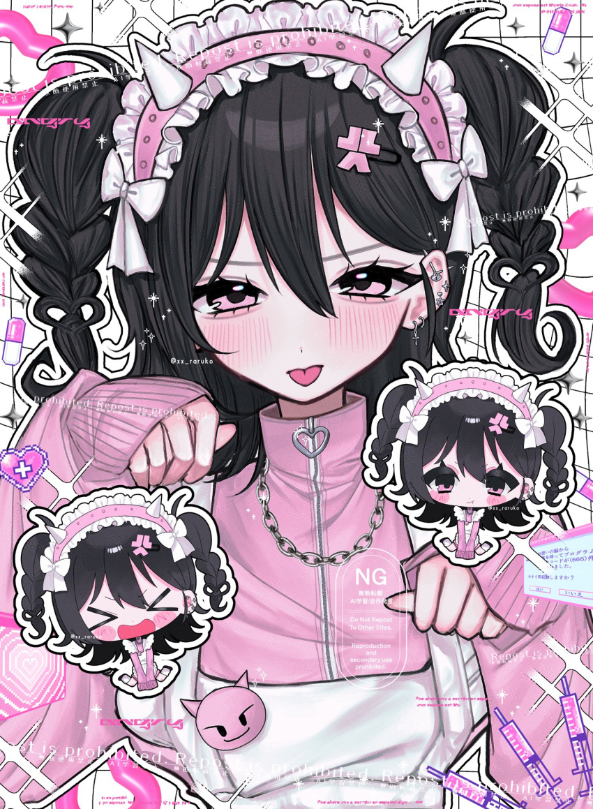 >_<, 1girl, anger_vein_hair_ornament, apron, black_hair, blush, bow, chain