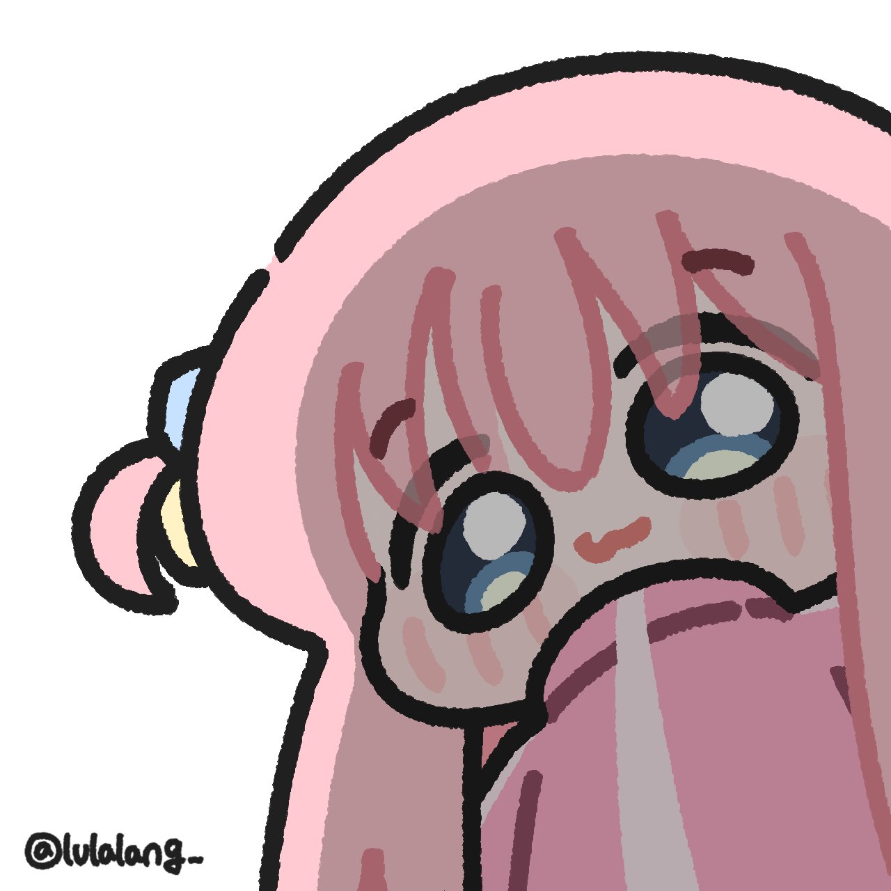 1girl, artist_name, blue_eyes, blush_stickers, bocchi_the_rock!, chibi, commentary, cube_hair_ornament