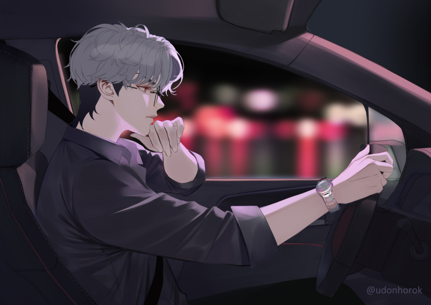 1boy, black_shirt, blurry, blurry_background, car, car_interior, closed_mouth, driving
