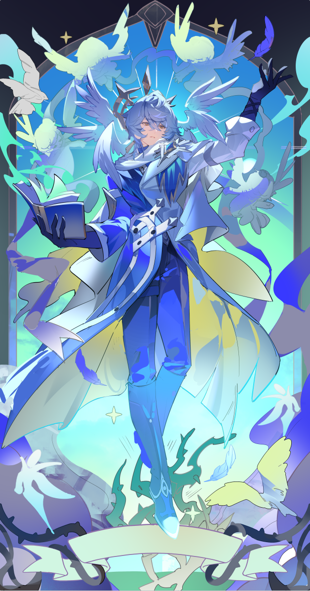 1boy, arm_up, bird, black_boots, black_gloves, blue_coat, blue_pants, book, boots, brooch, chinese_commentary, coat, commentary_request, crossed_bangs, earrings, facing_viewer, feathered_wings, full_body, gloves, gold_earrings, grey_hair, hair_between_eyes, halo, halo_behind_head, head_wings, holding, holding_book, honkai:_star_rail, honkai_(series), jewelry, knee_boots, looking_up, male_focus, medium_hair, moehikaru, multicolored_coat, multiple_wings, open_book, pants, parted_lips, scarf, solo, spiked_halo, standing, sunday_(honkai:_star_rail), thigh_strap, thorns, three-quarter_sleeves, two-sided_coat, two-sided_fabric, two-tone_coat, white_bird, white_coat, white_scarf, white_wings, wings, yellow_eyes
