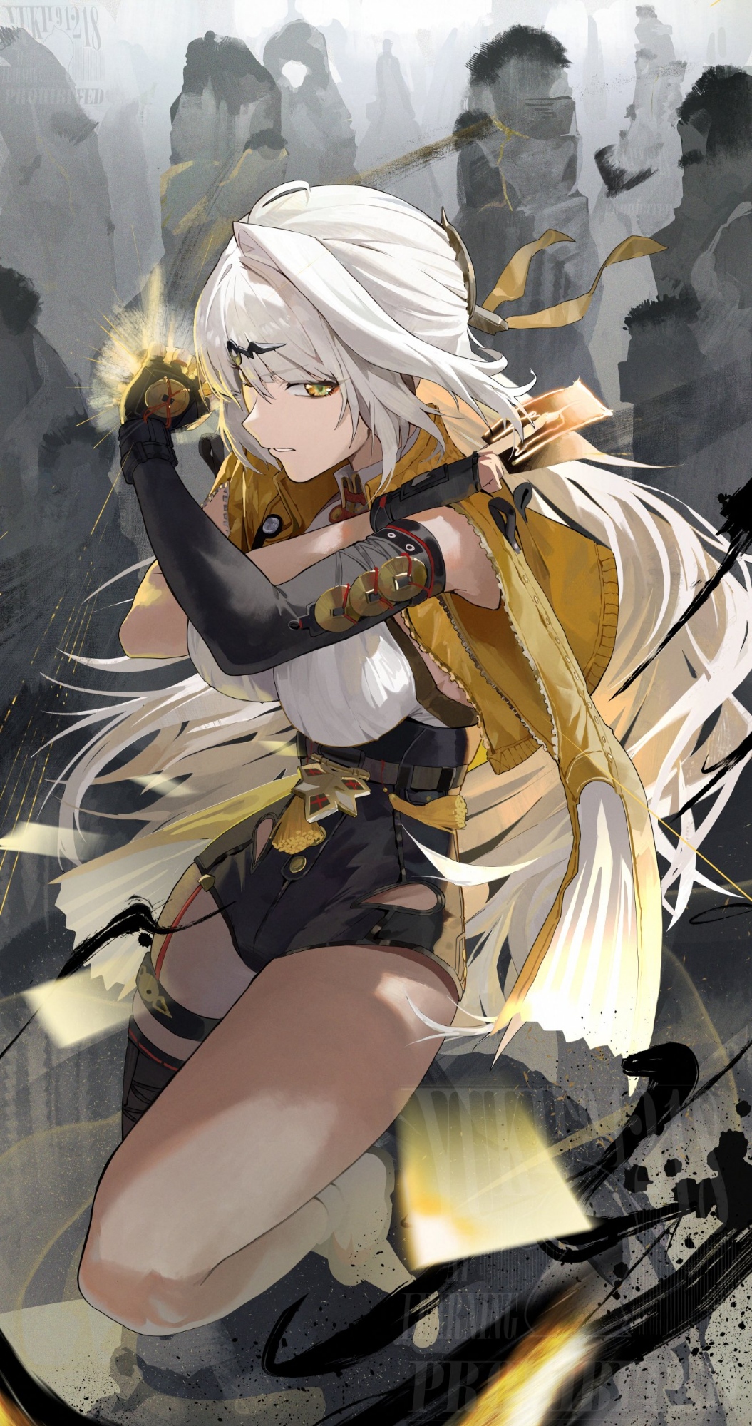 1girl, asymmetrical_gloves, black_unitard, breasts, coin, commentary, duplicate, elbow_gloves, fingerless_gloves, full_body, gloves, gold_coin, hair_ornament, high-waist_shorts, highres, holding, holding_ofuda, holding_over_opposite_shoulder, holed_coin, jacket, large_breasts, long_hair, money, ofuda, open_clothes, open_jacket, shorts, single_elbow_glove, single_hair_intake, single_thighhigh, solo, thigh-highs, uneven_gloves, white_hair, yellow_eyes, yellow_jacket, yixuan_(zenless_zone_zero), yukii91218, zenless_zone_zero