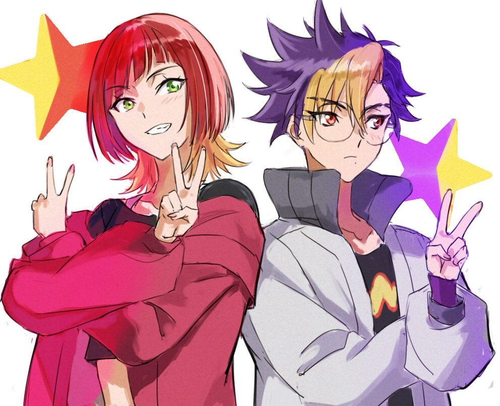 1girl, black_shirt, blonde_hair, blue_hair, blush, brown_hair, digimon, digimon_beatbreak
