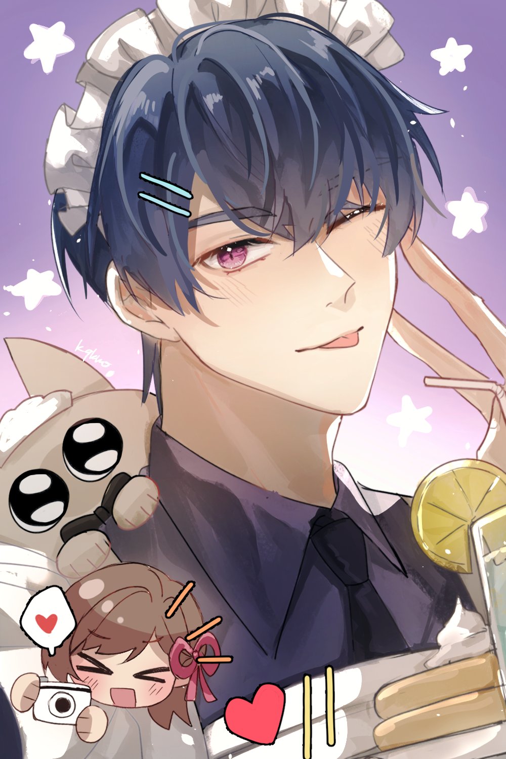 >_<, 1boy, 1girl, azukisan, black_necktie, blue_hair, brown_hair, camera