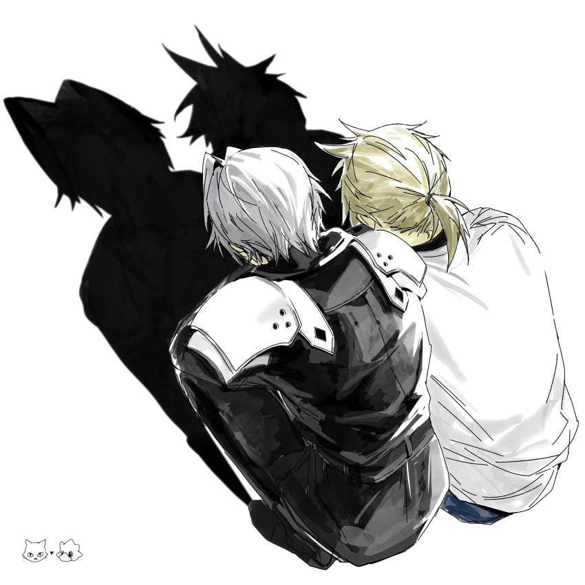 2boys, absurdres, armor, black_jacket, black_shirt, black_shoes, blonde_hair, blue_shorts
