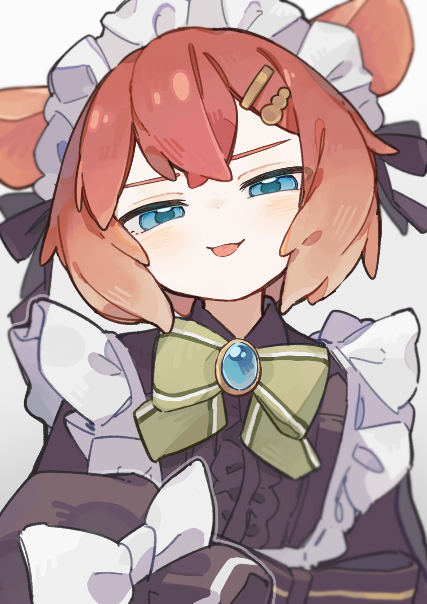 1boy, :p, absurdres, apron, black_bow, black_dress, blue_eyes, bow, bowtie, brooch, closed_mouth, collared_dress, commentary, crossdressing, crossdressing_(mtf), dot_nose, double-parted_bangs, dress, frilled_apron, frills, green_bow, green_bowtie, hair_between_eyes, hair_ornament, hair_ribbon, hairclip, hand_up, head_tilt, highres, jewelry, komerina, large_bow, light_blush, long_sleeves, looking_at_viewer, maid, maid_apron, maid_headdress, male_focus, male_maid, medium_hair, narrowed_eyes, octopus_boy, orange_hair, original, personification, puffy_sleeves, ribbon, sidelocks, simple_background, sleeves_past_fingers, sleeves_past_wrists, smile, solo, tongue, tongue_out, trap, umbrella_octopus, unconventional_maid, upper_body, white_apron, white_background, white_headdress