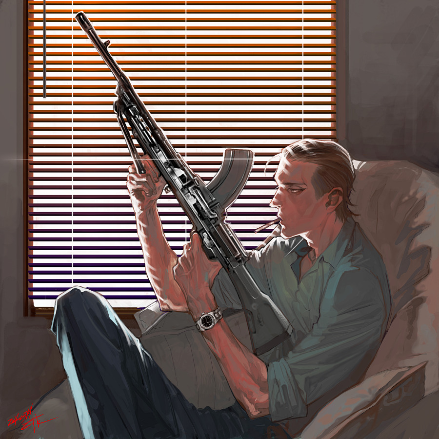 1boy, blue_pants, brown_eyes, brown_hair, cigarette, collared_shirt, couch, crossed_legs