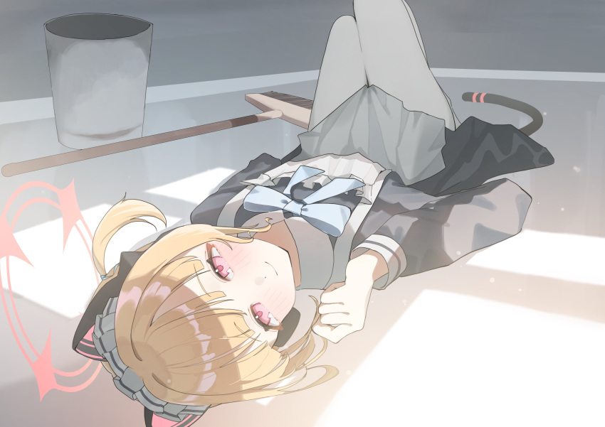 1girl, absurdres, animal_ear_headphones, animal_ears, apron, black_dress, blonde_hair, blue_archive