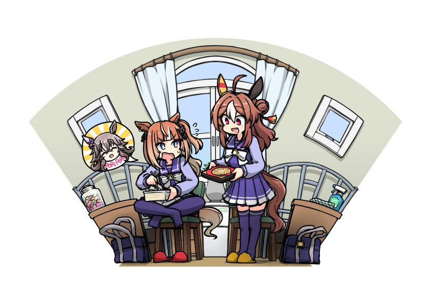 2girls, ahoge, animal_ears, bag, bed, brown_hair, commentary_request, copano_rickey_(umamusume), espoir_city_(umamusume), food, grey_hair, hair_between_eyes, hair_ornament, hamu_koutarou, highres, horse_ears, horse_girl, multiple_girls, open_mouth, sitting, standing, thigh-highs, umamusume, window, wonder_acute_(umamusume)