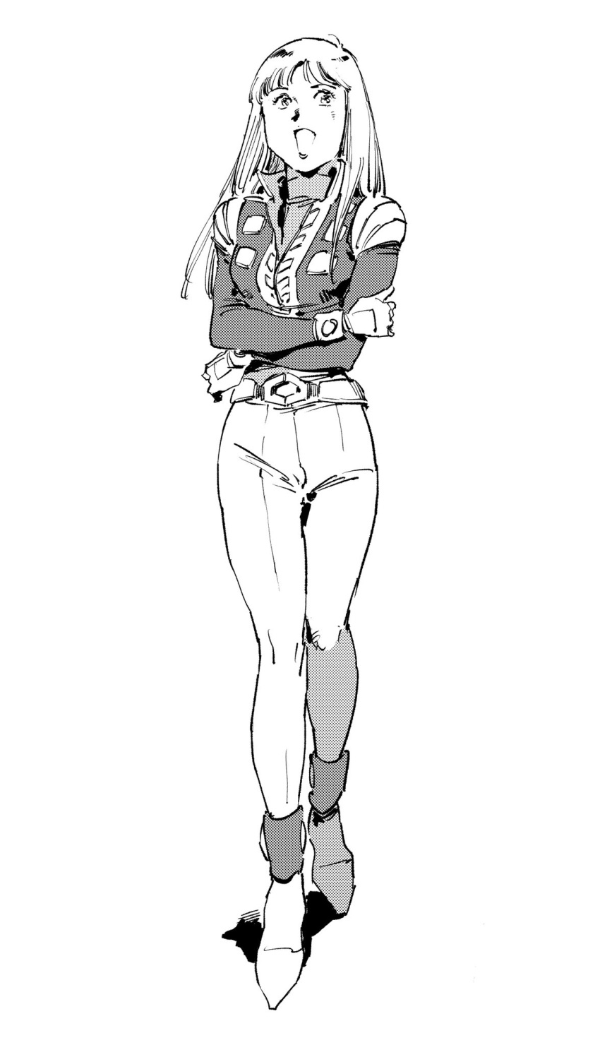1girl, alfin, bodysuit, crusher_joe, full_body, gloves, greyscale, highres