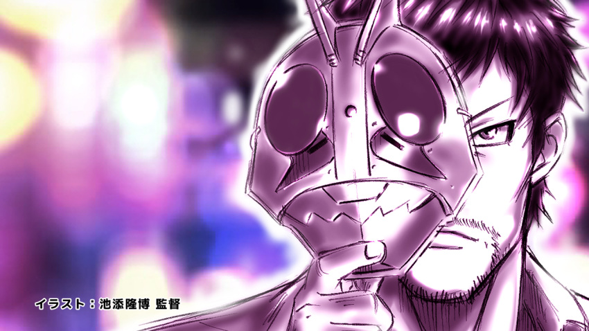 1boy, artist_name, black_hair, facial_hair, holding, holding_mask, kamen_rider, kamen_rider_(1st_series), male_focus, mask, monochrome, muscular, muscular_male, official_art, shirt, short_hair, tanzaburou_toujima, toujima_tanzaburou_wa_kamen_rider_ni_naritai, zooming_in