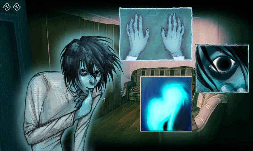 1boy, bags_under_eyes, black_eyes, black_hair, crew_neck, crossover, death_note, empty_eyes