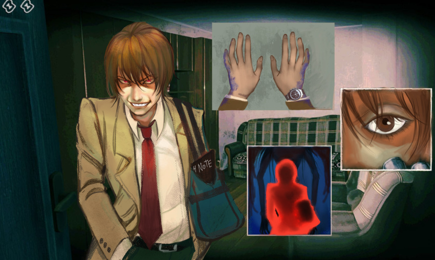 1boy, belt, blazer, brown_eyes, brown_hair, close-up, couch, crossover, death_note, death_note_(object), dirty_hands, evil_grin, evil_smile, eyelashes, fingernails, glowing, glowing_eyes, grin, highres, in-universe_location, indoors, ink, jacket, male_focus, margonika00, necktie, no_i'm_not_a_human, no_i'm_not_a_human_(style), photo_(object), realistic, red_eyes, red_necktie, ryuk, smile, solo_focus, teeth, tsurime, watch, watch, yagami_light