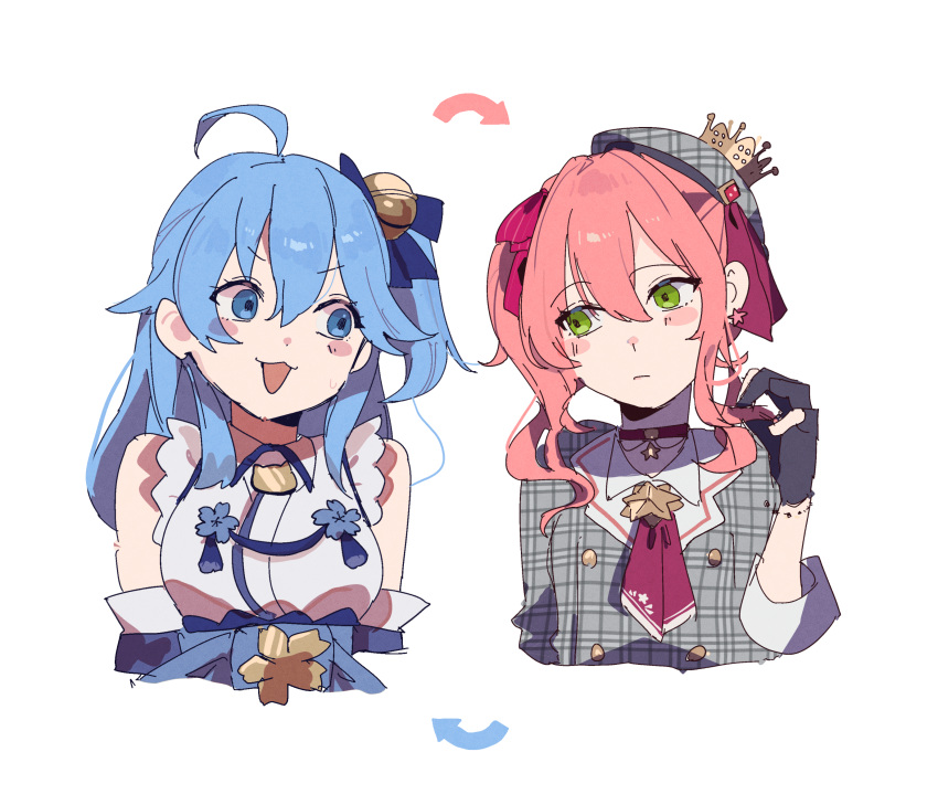 2girls, ahoge, bell, blue_eyes, blue_hair, blush, breasts, bun_(bun_5u)