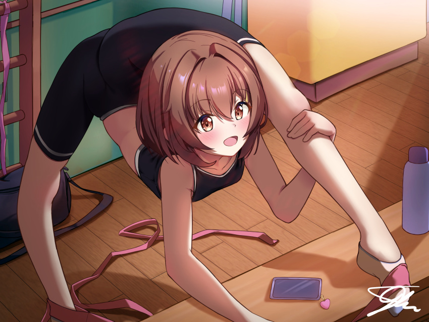1girl, bag, bike_shorts, black_bag, black_shorts, black_sports_bra, brown_eyes, brown_hair, cellphone, commission, contortion, contortiong, flexible, gymnastics, highres, holding_own_leg, hot_water_bottle, open_mouth, original, oversplit, phone, pixiv_commission, short_hair, shorts, shoulder_bag, smartphone, split, sports_bra, spread_legs